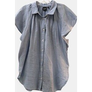 Gap Crinkle Gauze Button Shirt Large Tall Blue Silver Metallic Stripe Coastal